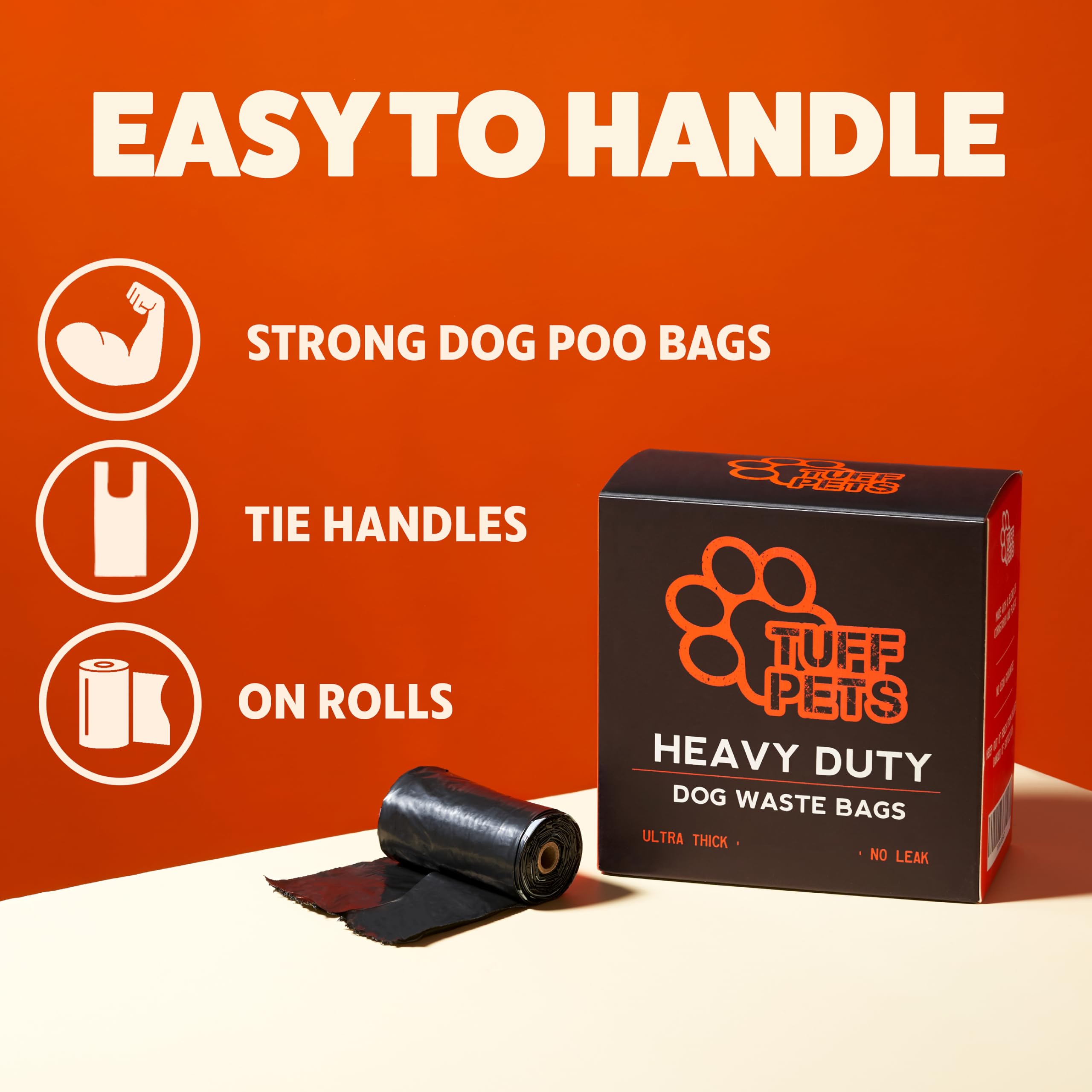 Tuff Pets bags with strong handles and tie closure for secure cleanup.