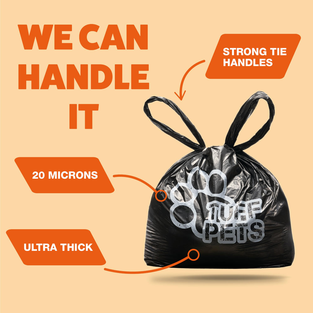 Tuff Pets recycled-core roll supports eco-friendly bag disposal.