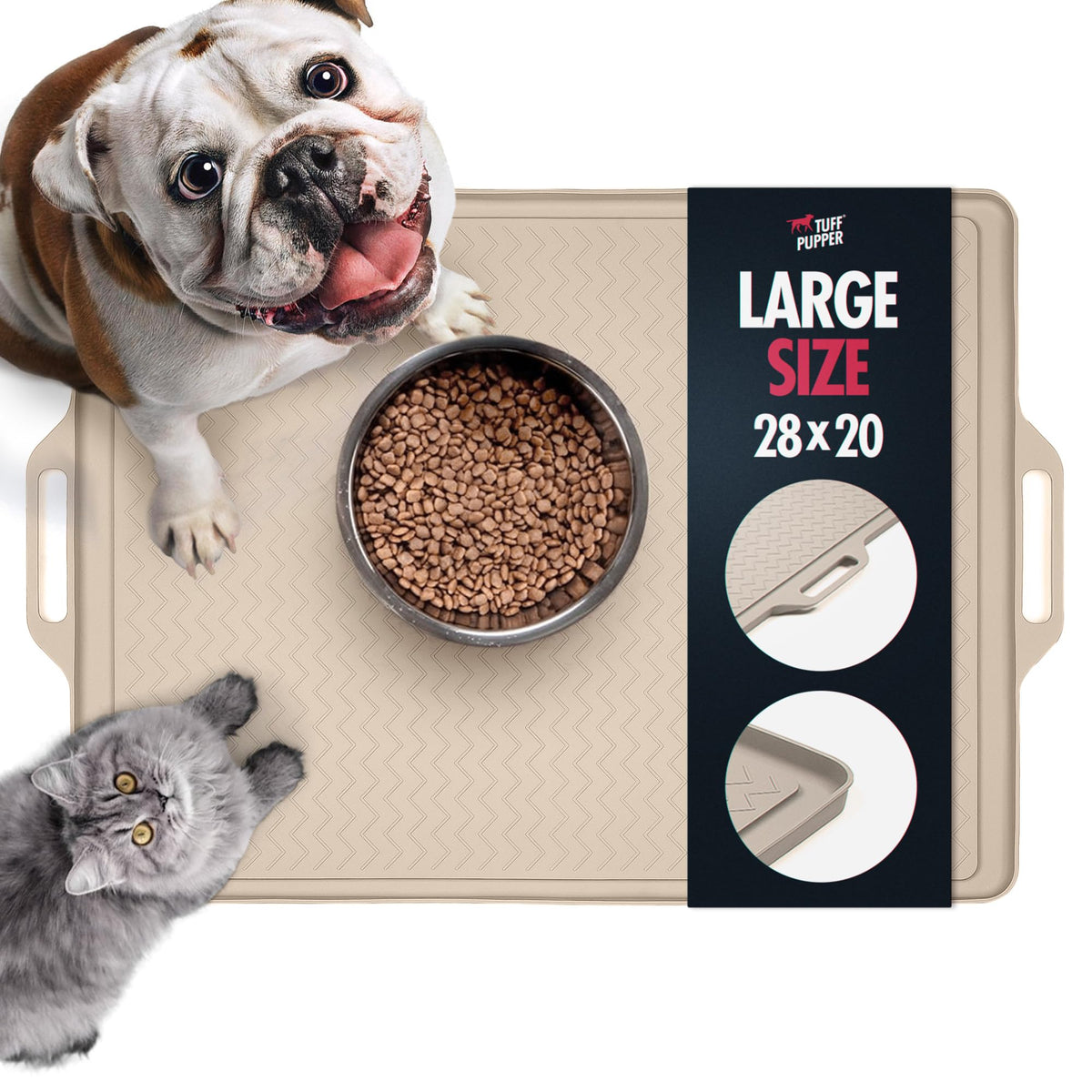 Tuff Pupper 28x20 mat on floor with bowls keeps floors clean during large-dog meals