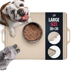 Tuff Pupper 28x20 mat on floor with bowls keeps floors clean during large-dog meals