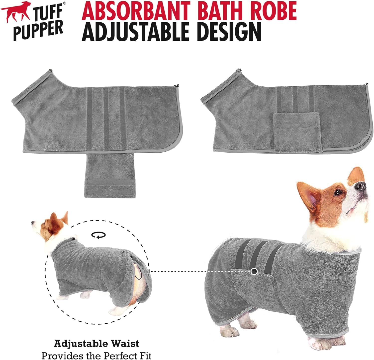 Tuff Pupper bath robe with oversized collar drying neck and ears after wet adventures