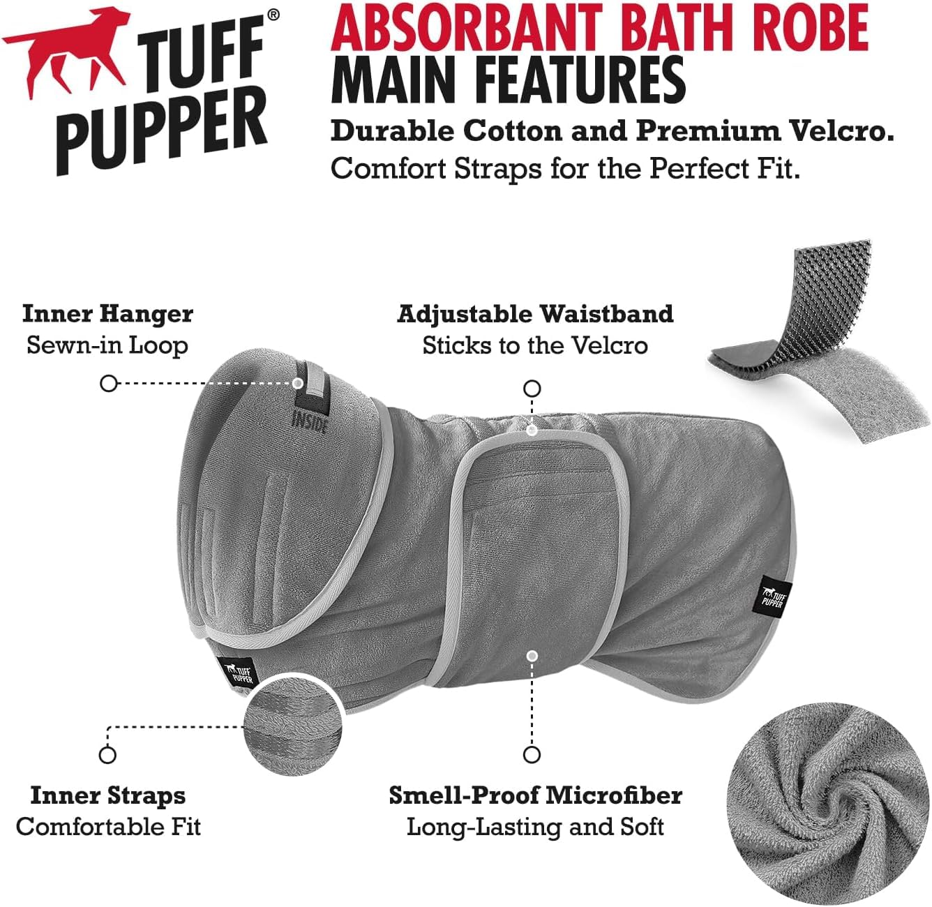 Tuff Pupper giant gray bath robe back view showing adjustable belly strap for a secure fit
