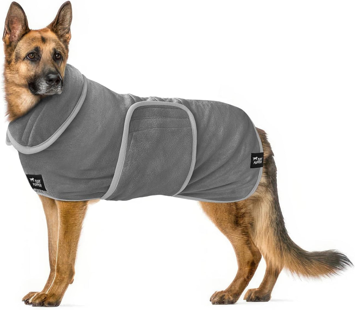 Tuff Pupper fast drying dog bath robe front view with ultra-absorbent 800 GSM fabric