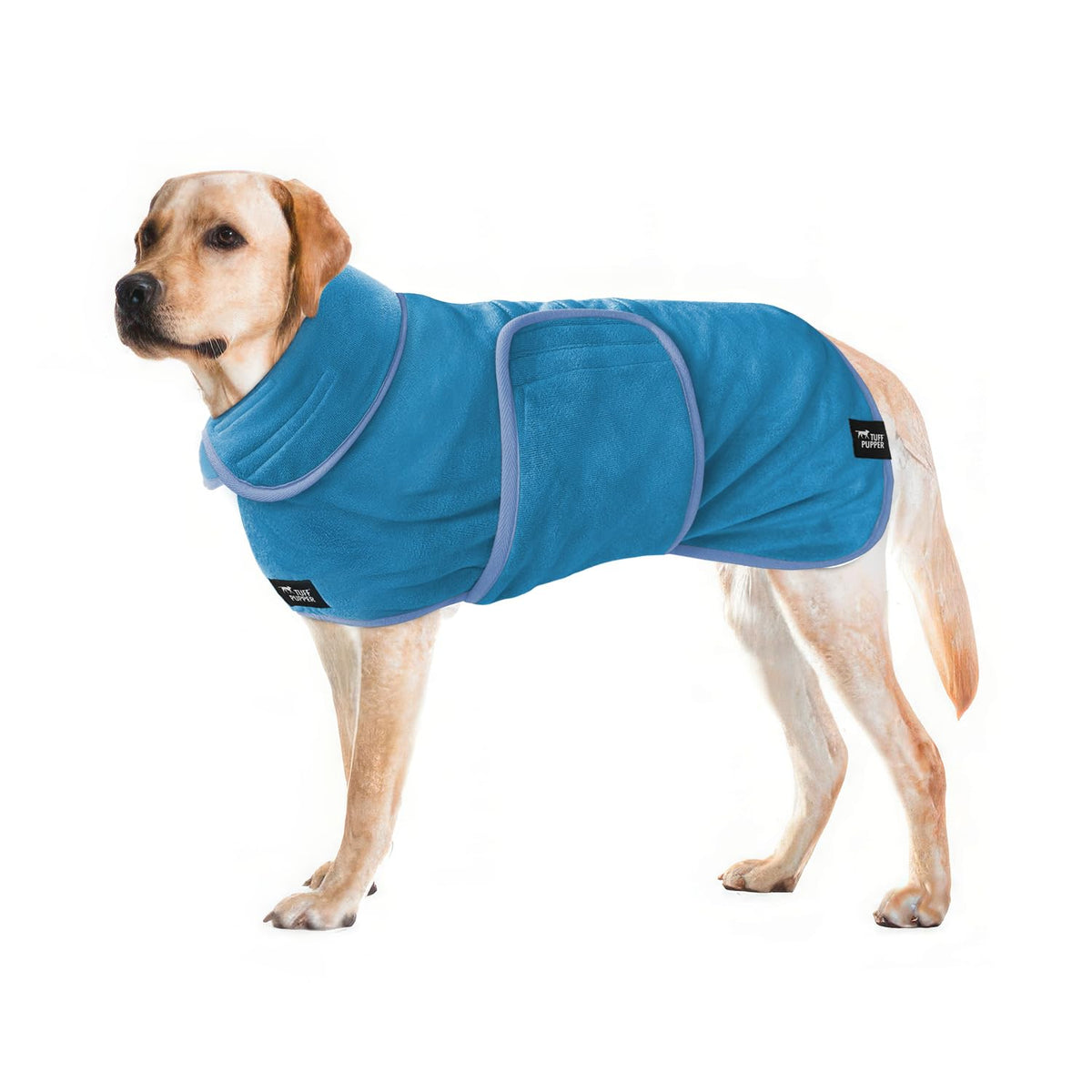 Tuff Pupper fast-drying dog bath robe with hood helps dry the neck and head quickly.