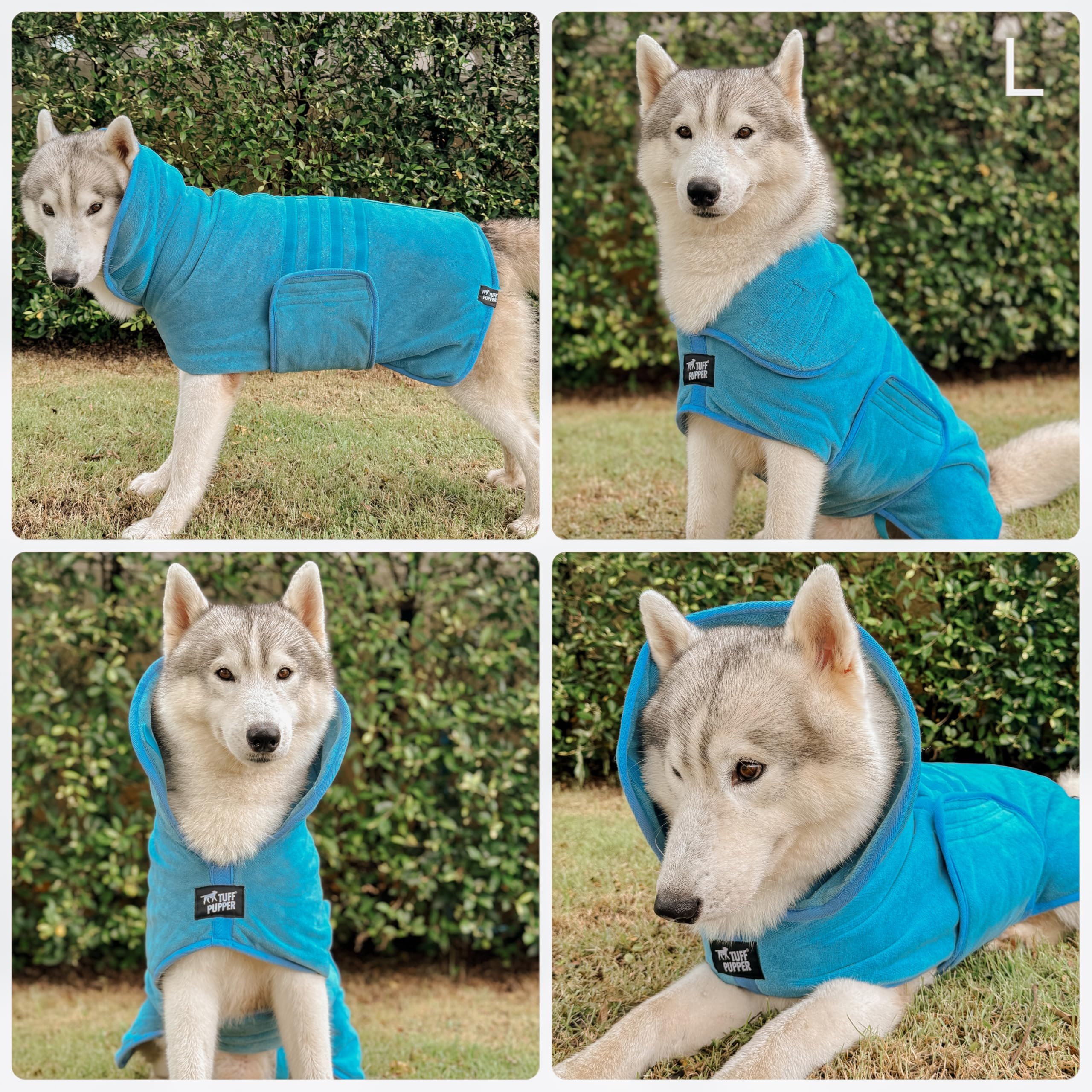 Tuff Pupper robe side view highlights adjustable belly strap for secure fit