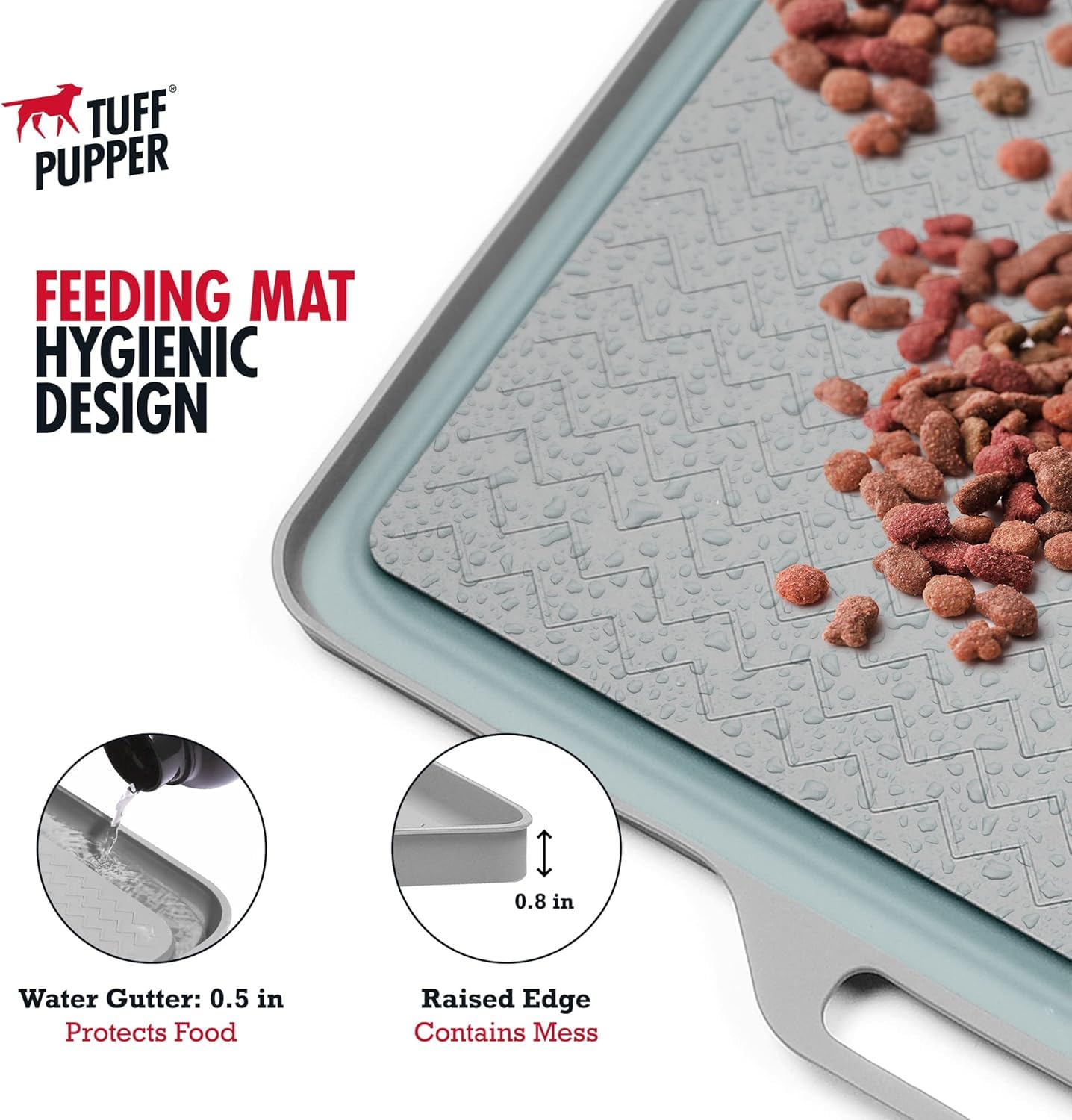 Tuff Pupper feeding mat handles for easy cleanup and carrying to sink.