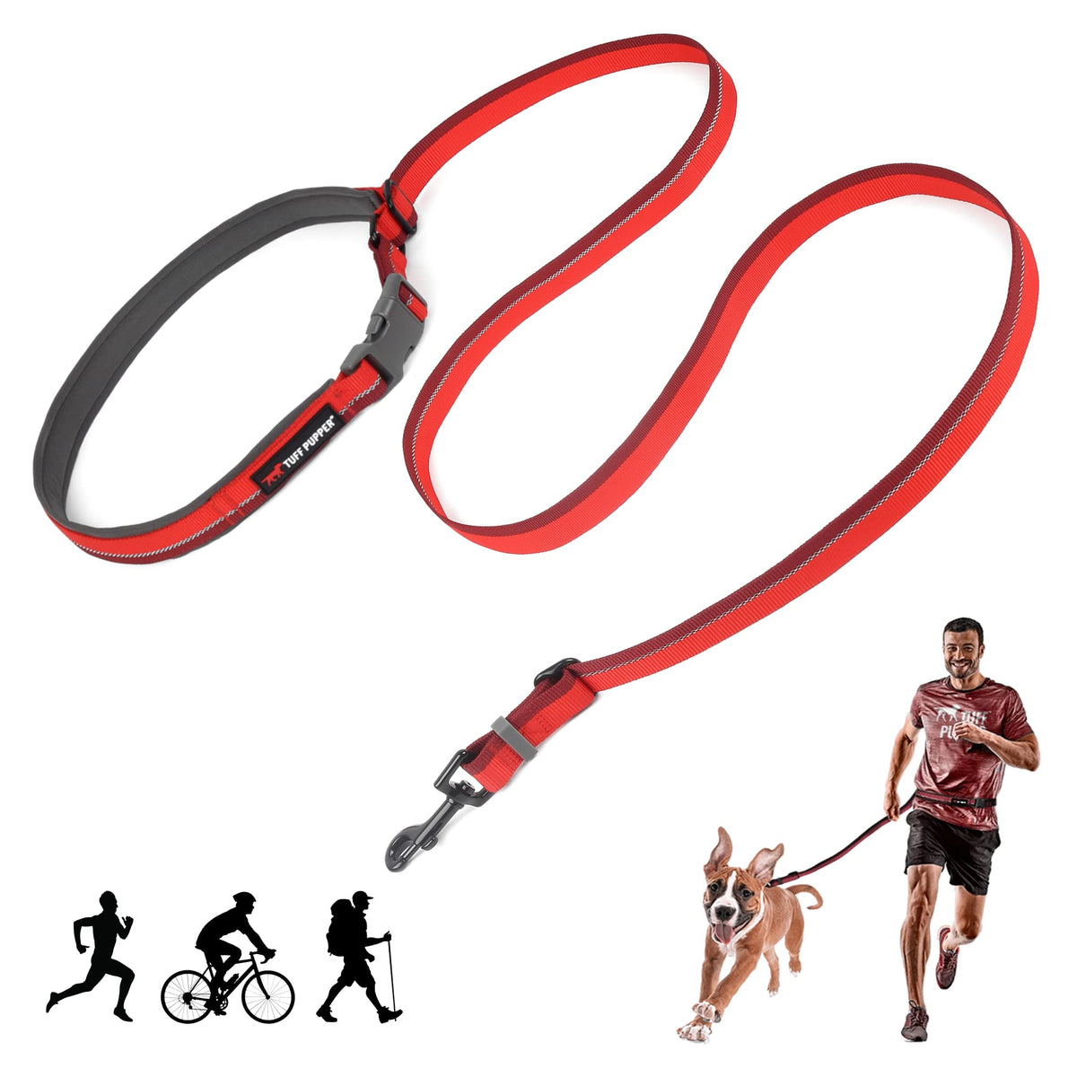 Tuff Pupper hands-free leash setup enables versatile running, walking, and quick handheld transition.