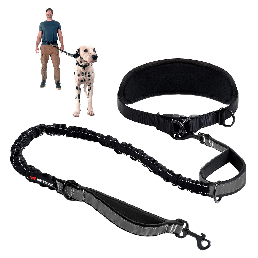 Tuff Pupper heavy-duty leash setup demonstrates hands-free walking with a large dog.