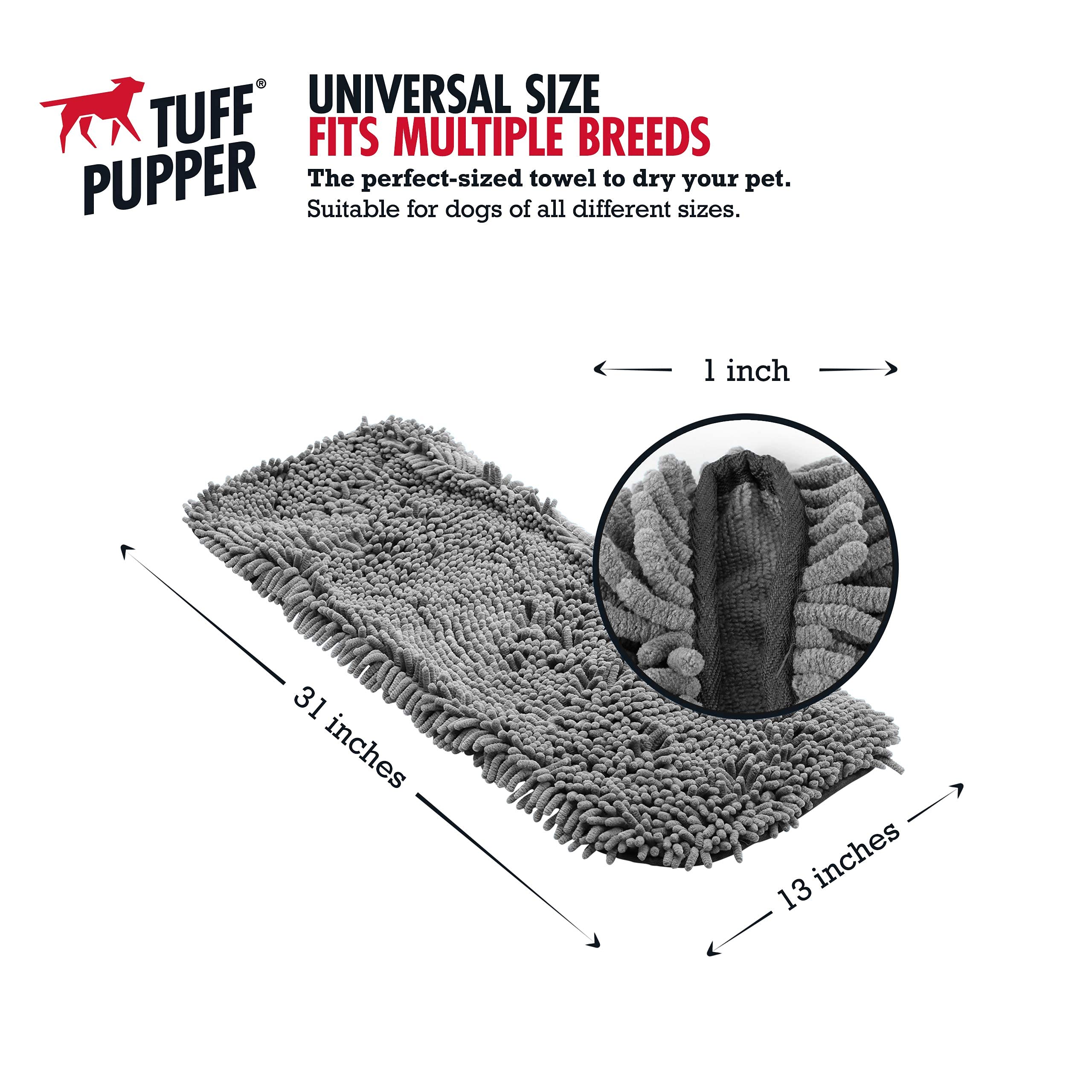 Tuff Pupper 35x15 inch towel size suits dogs of all breeds for easy drying.