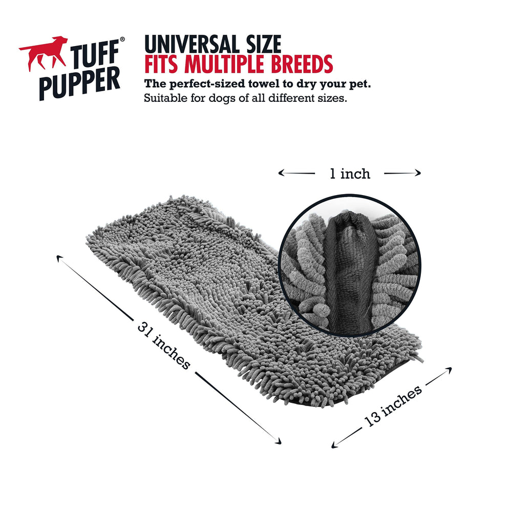 Tuff Pupper 35x15 inch towel size suits dogs of all breeds for easy drying.