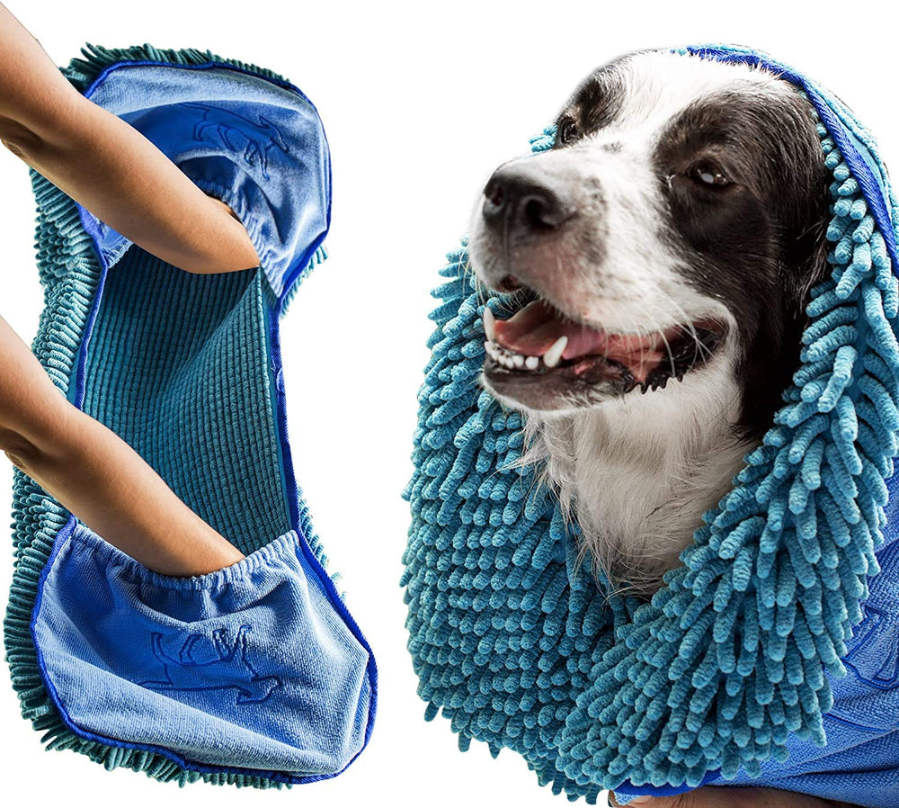 Tuff Pupper Quick Dry Towel shows hand pockets for secure grip during drying.