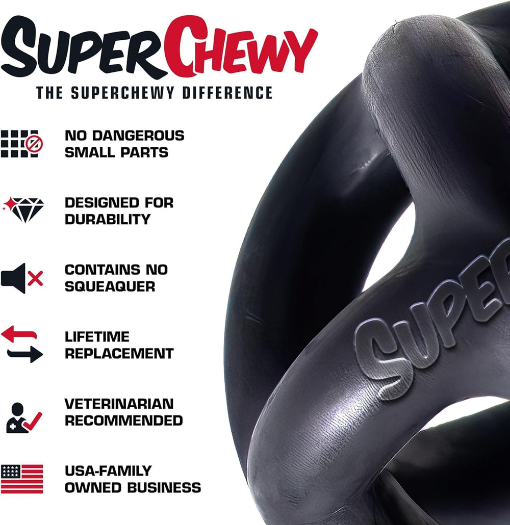 Tuff Pupper SuperChewy ball in action during fetch—encourages exercise and toy retention.