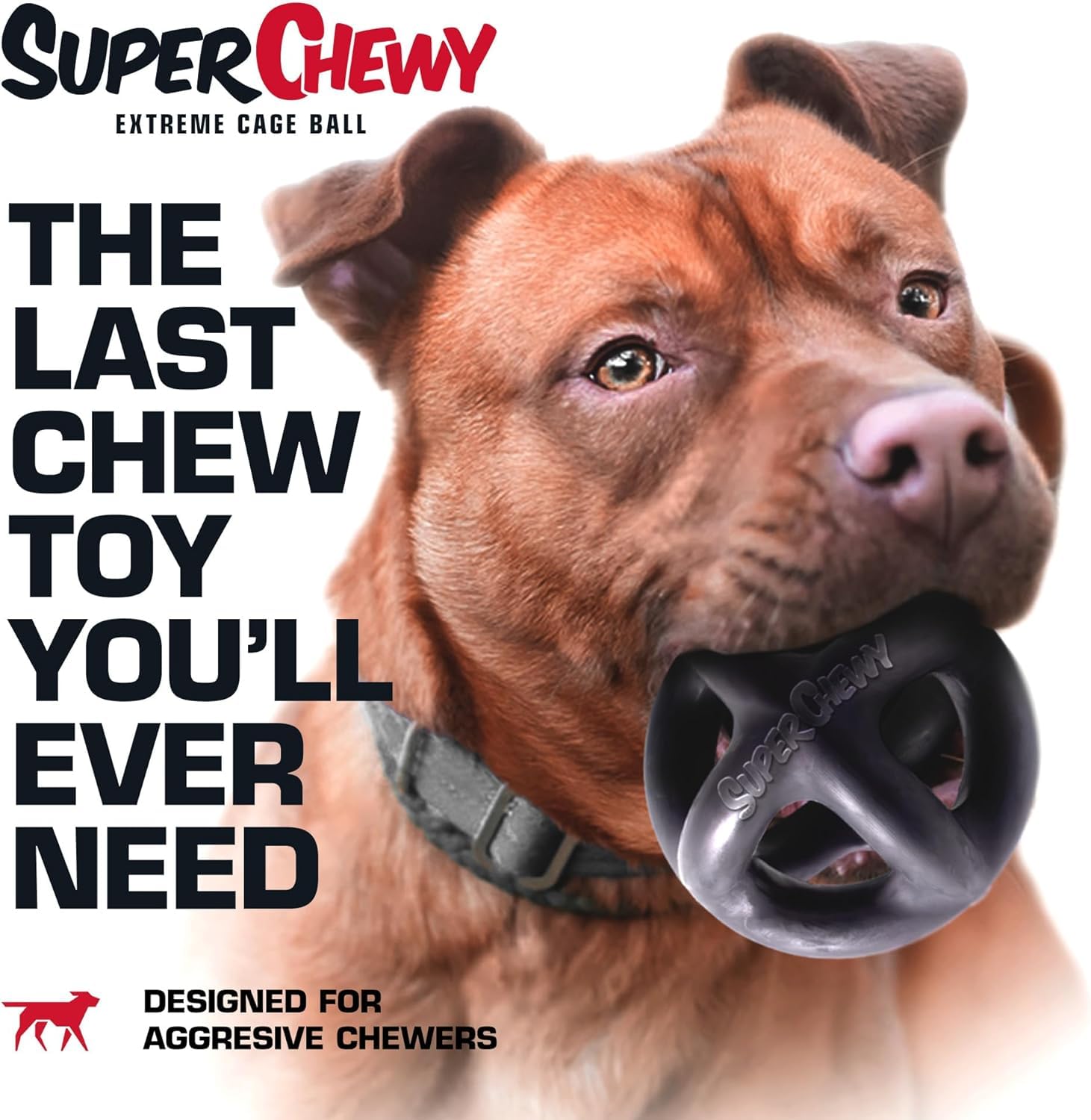 Tuff Pupper SuperChewy ball in dog mouth—promotes safe, controlled chewing sessions.