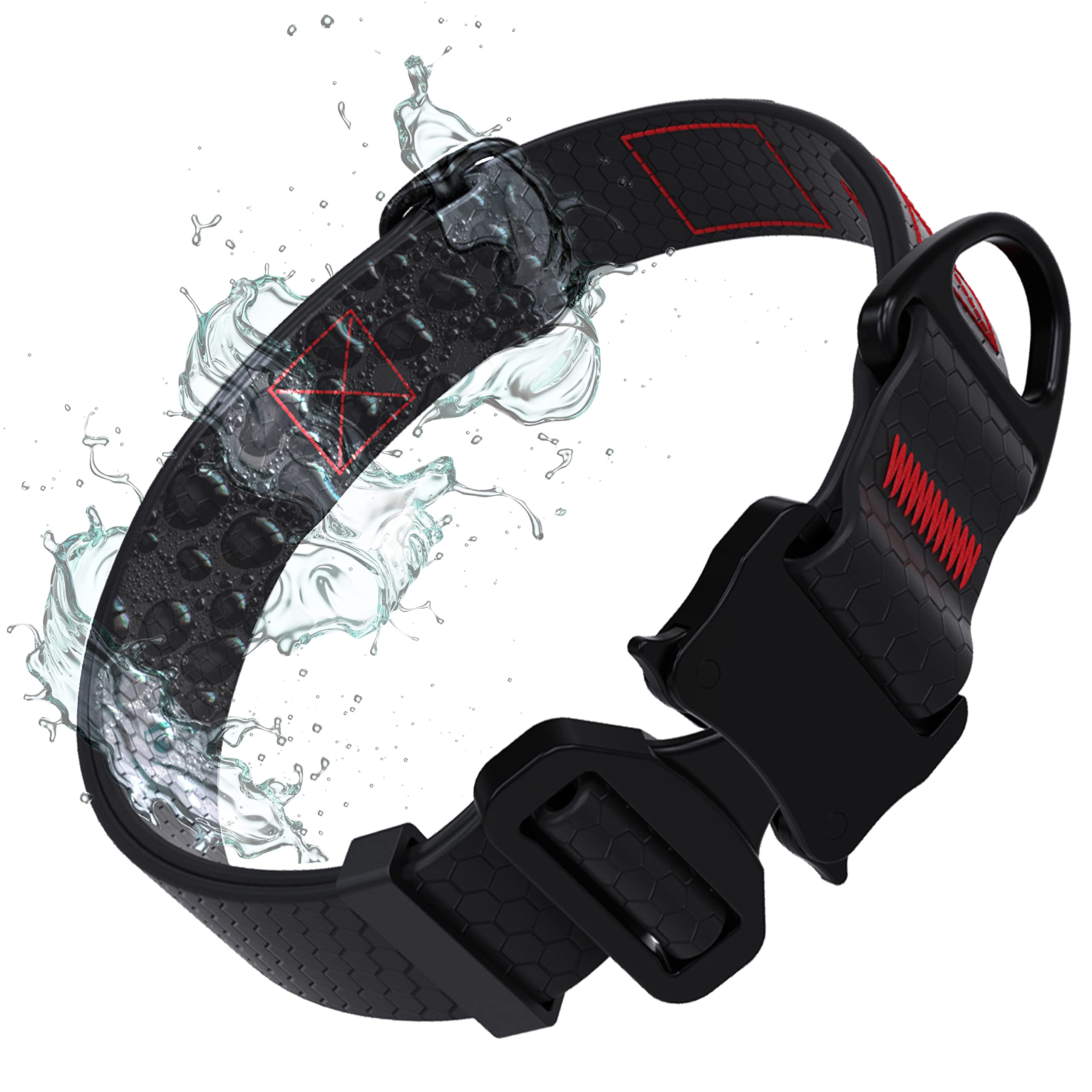 Tuff Pupper waterproof action collar closeup highlights rugged aluminum buckle for adventures