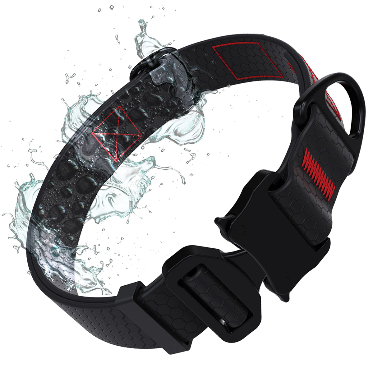 Tuff Pupper waterproof action collar closeup highlights rugged aluminum buckle for adventures