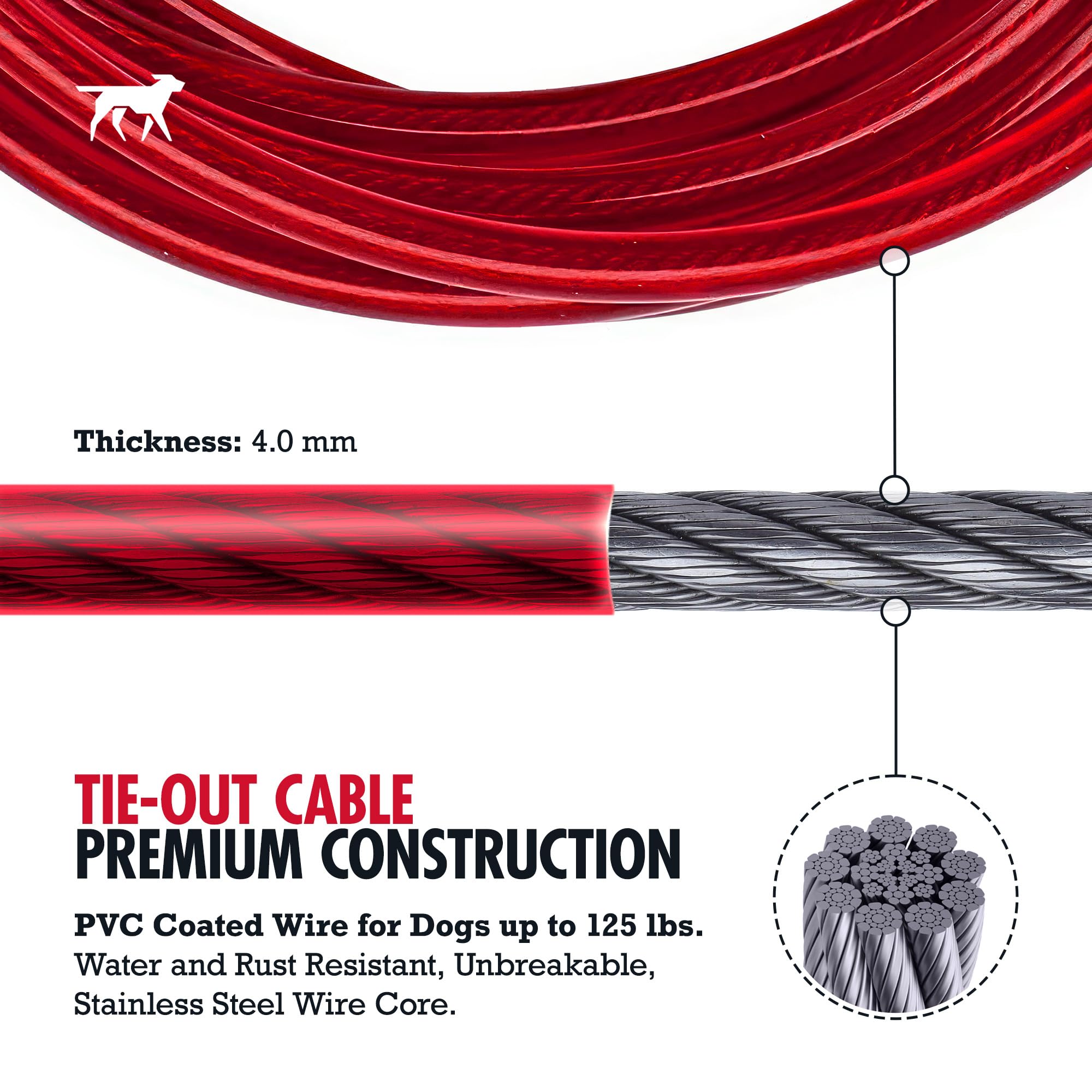 Tuff Pupper waterproof PVC-coated cable shown outdoors in rain for durable tethering.