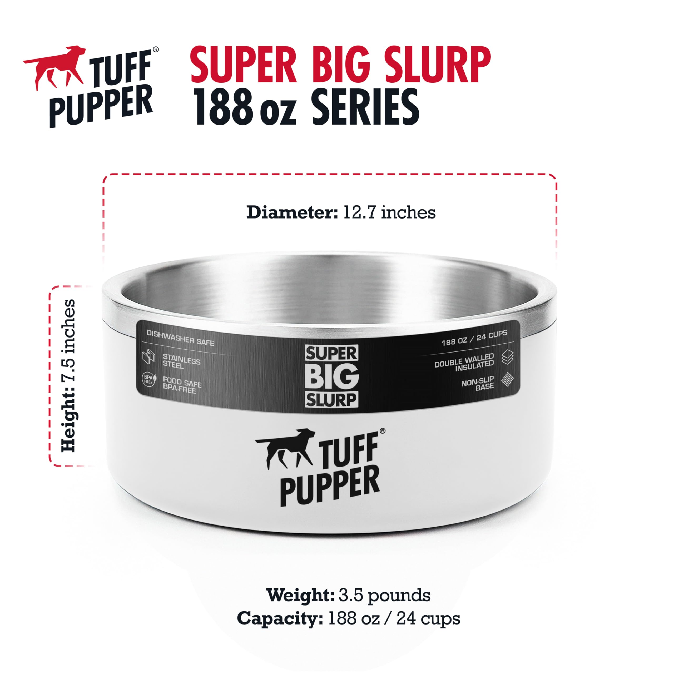 Tuff Pupper white color bowl complements decor while keeping pets hydrated.