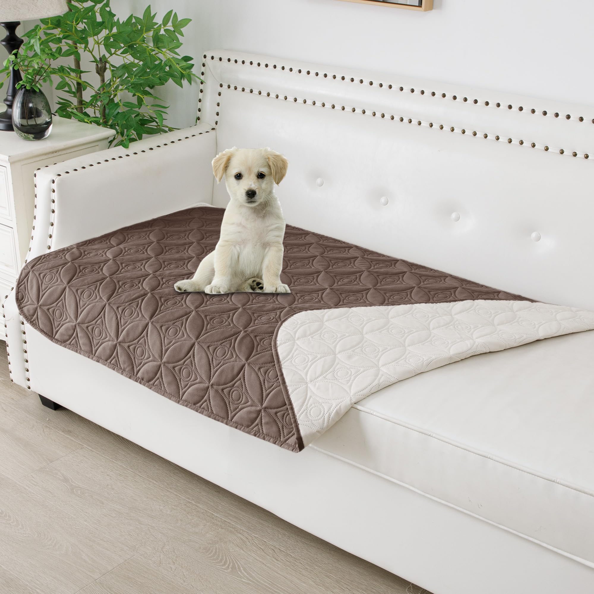 Tuffeel dog blanket on sofa in chocolate and cream protects furniture