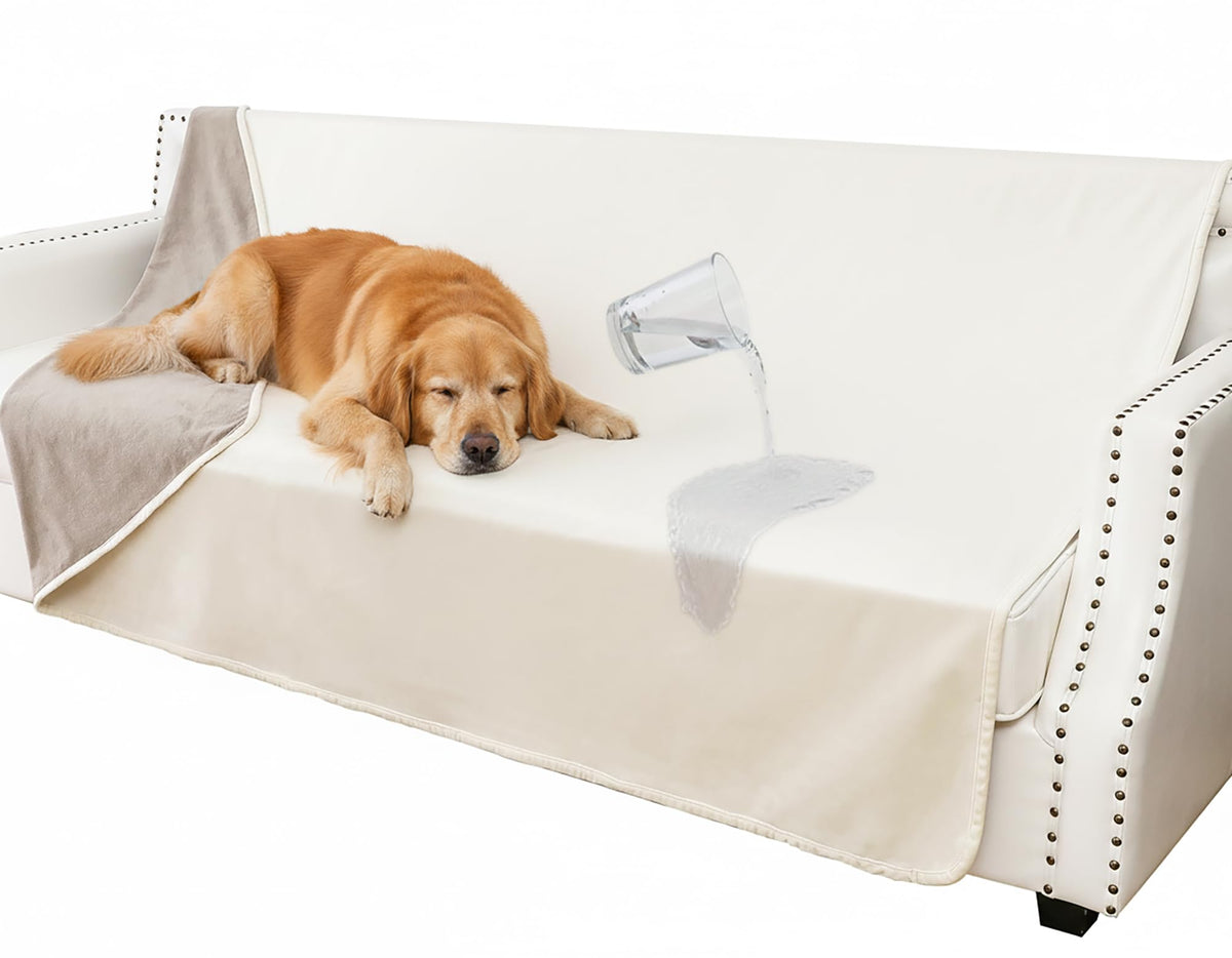 Tuffeel waterproof blanket on couch protects furniture from spills.