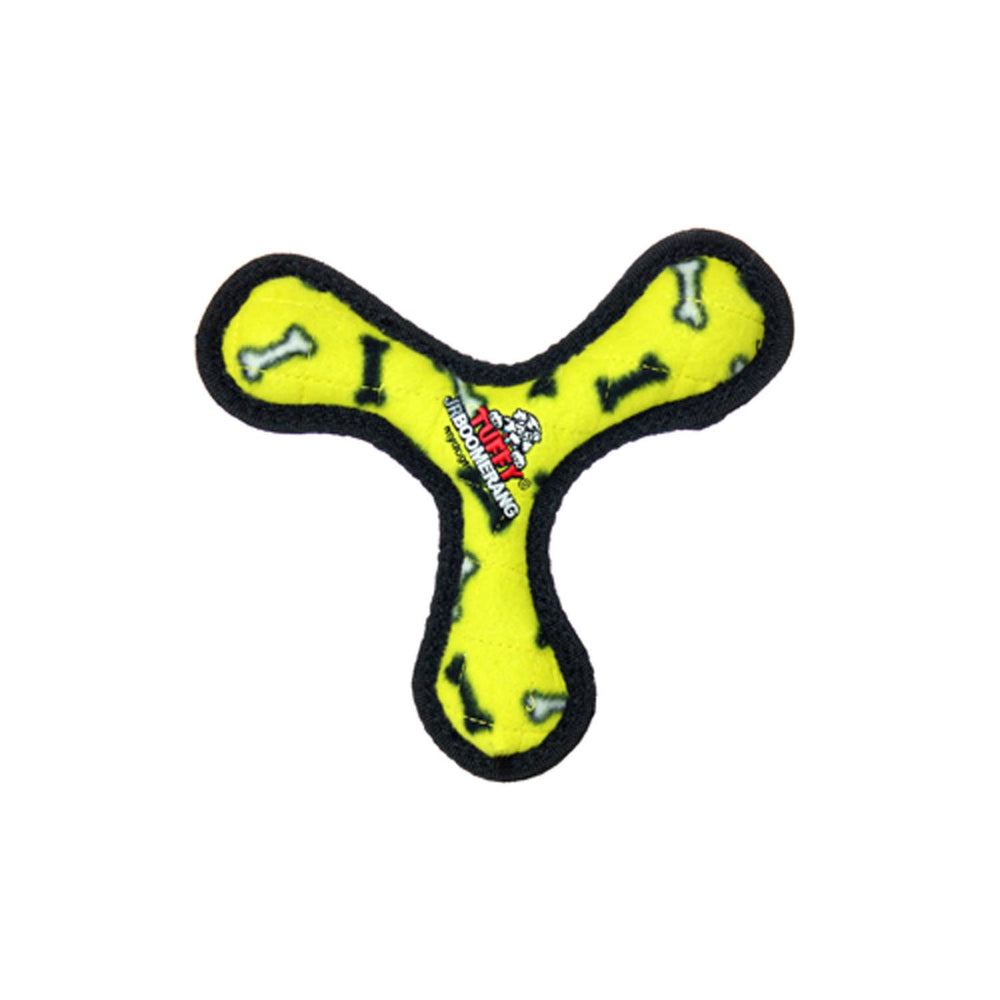Tuffy Jr Bowmerang Yellow Bone front view shows a soft, durable toy for small dogs.