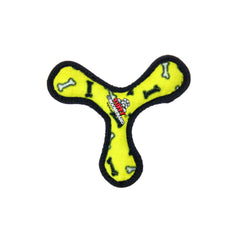 Tuffy Jr Bowmerang Yellow Bone front view shows a soft, durable toy for small dogs.