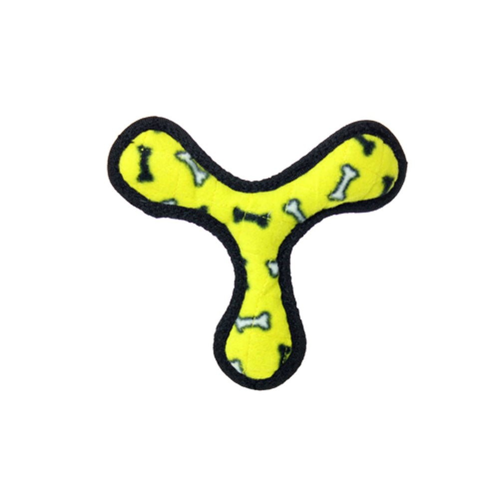 Tuffy Jr Bowmerang Yellow Bone texture closeup highlights soft fabric for gentle play.