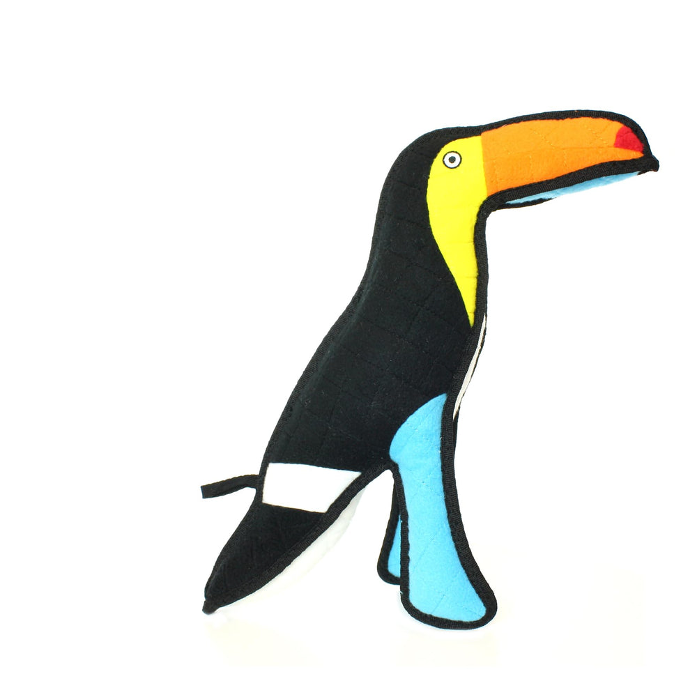 TUFFY Zoo Toucan side profile reveals plush texture and strong seams for supervised fun.