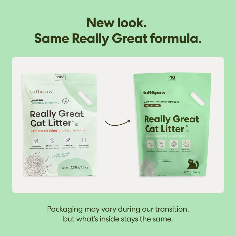 Tuft & Paw Really Great Cat Litter low-tracking pellets minimize floor mess.