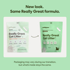 Tuft & Paw Really Great Cat Litter low-tracking pellets minimize floor mess.