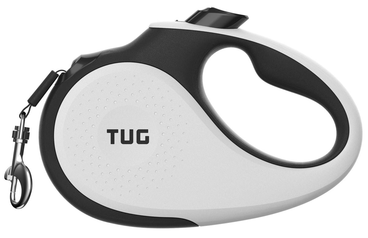 TUG 360-degree retractable leash in hand provides smooth control on walks.