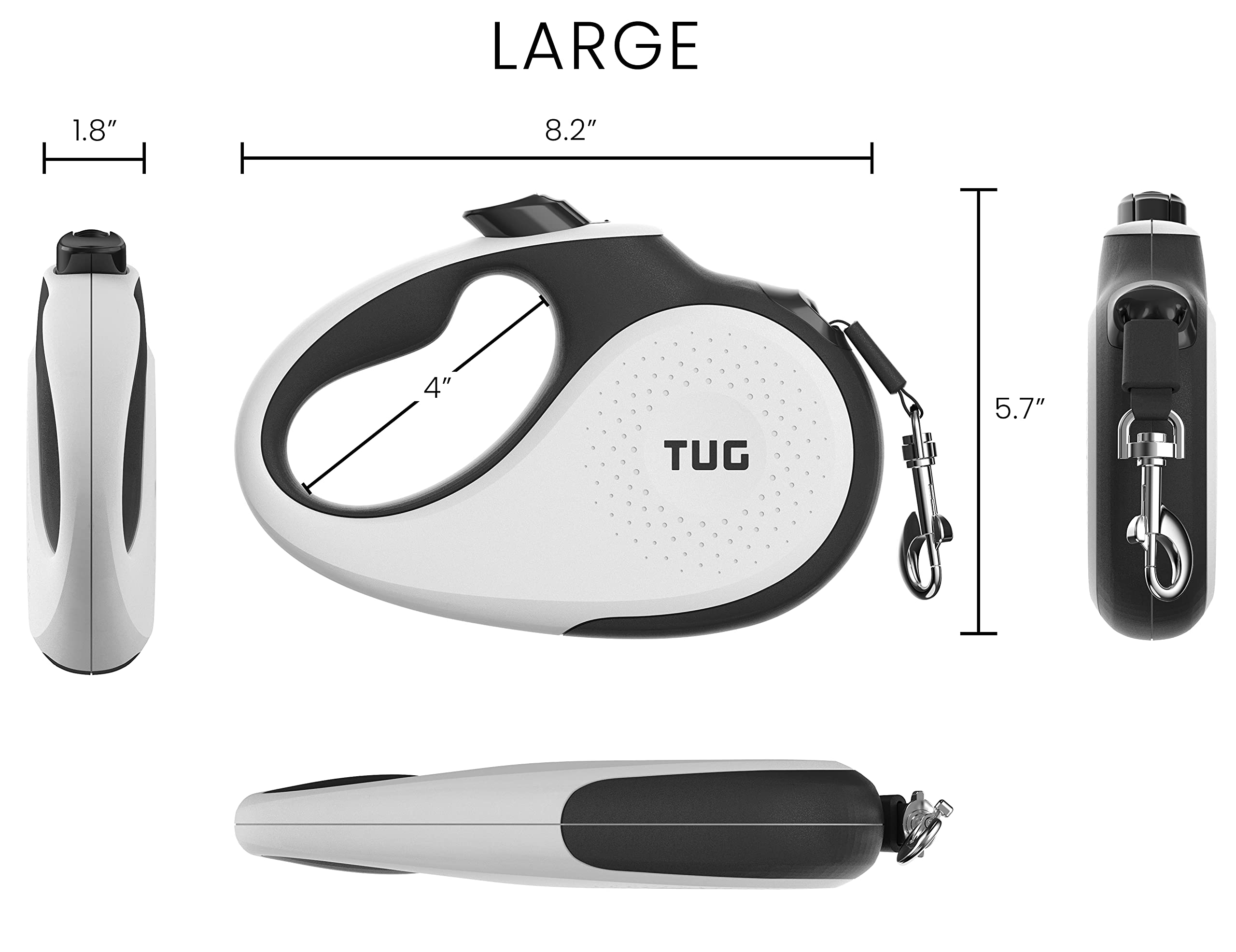 TUG 360 leash large white one-handed brake enables quick control during stops.