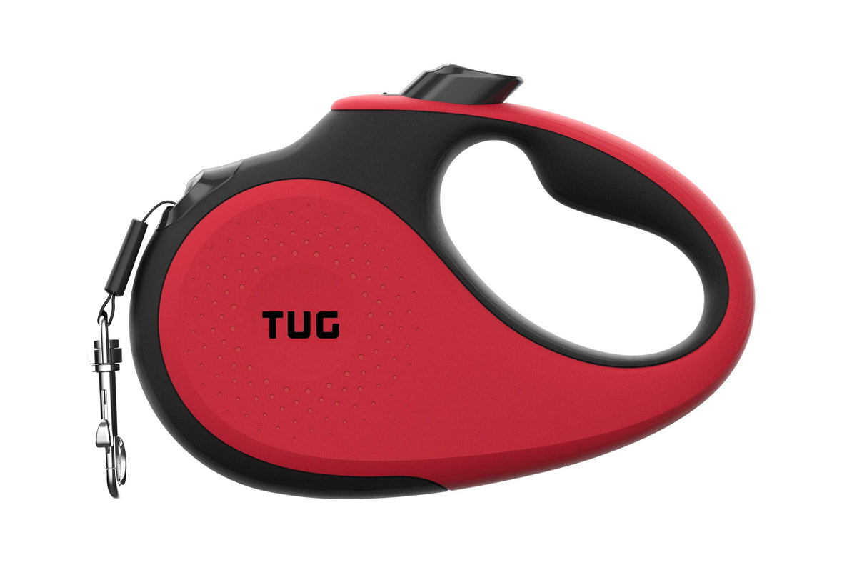 TUG 360° red leash close-up shows tangle-free retractable design for smooth walks
