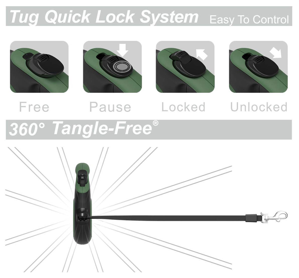 TUG leash with one-handed brake pause and lock for quick control