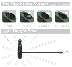 TUG leash with one-handed brake pause and lock for quick control