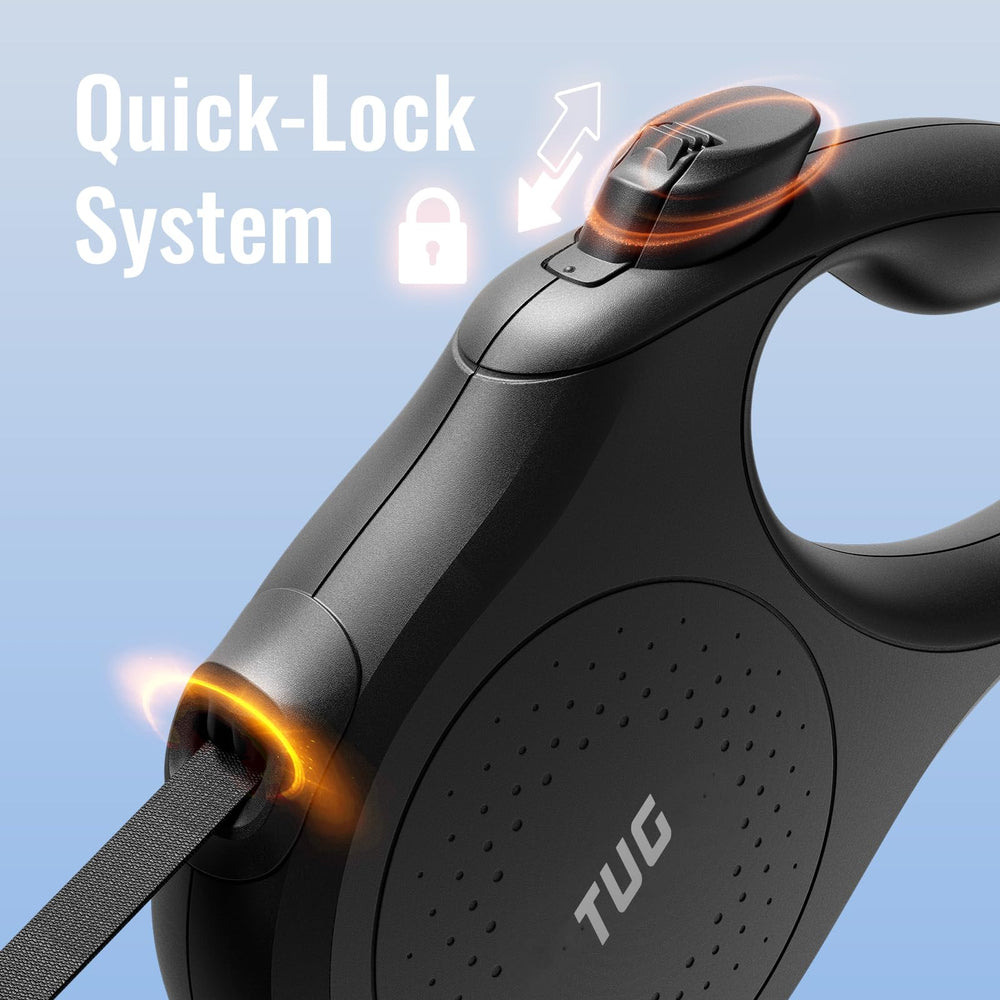 TUG Quest leash demonstrates 16 ft nylon tape extending reach during outdoor strolls.