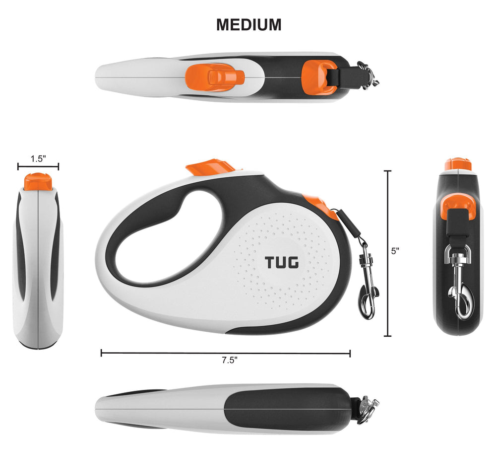 TUG retractable leash with dispenser close-up shows easy on-the-go bag access.