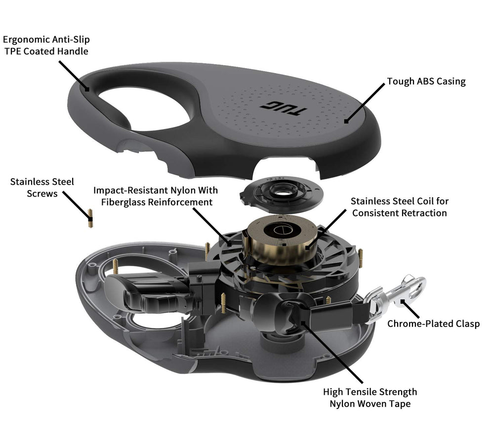 TUG retractable leash tape close-up highlighting smooth 360-degree movement.