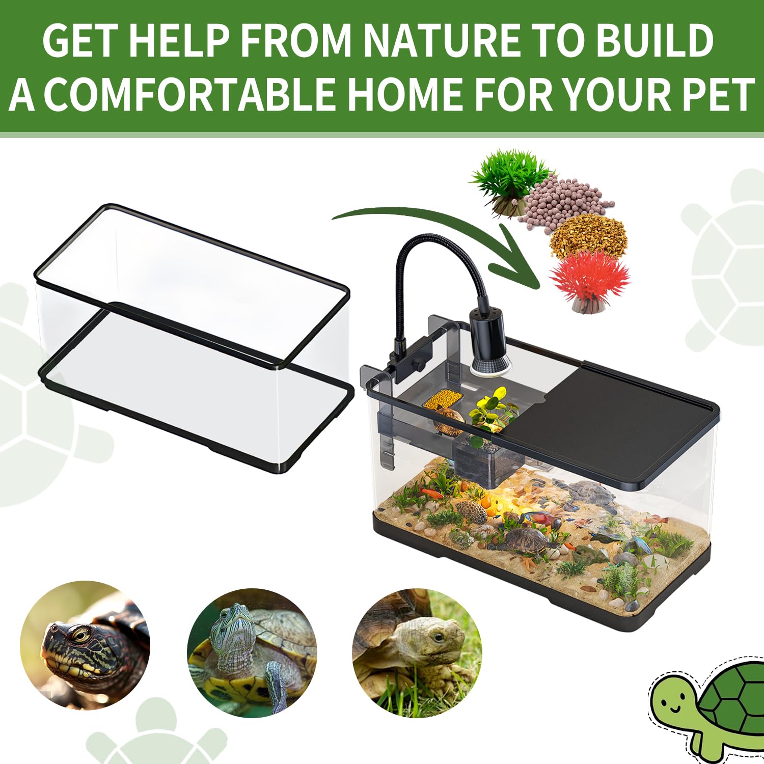 Tuhaoking turtle tank kit bottom drainage simplifies maintenance in small enclosure.