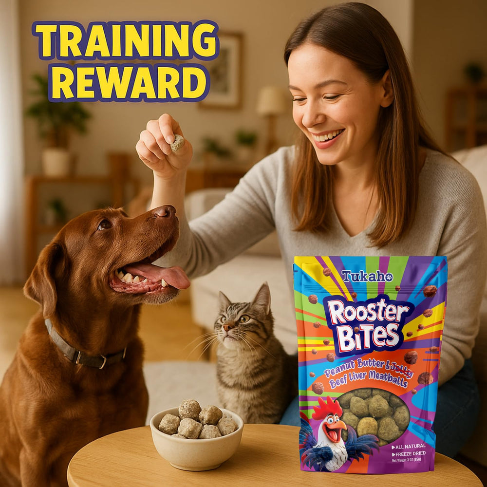 TUKAHO Rooster Bites high-protein bite with 67% protein fuels active pets.