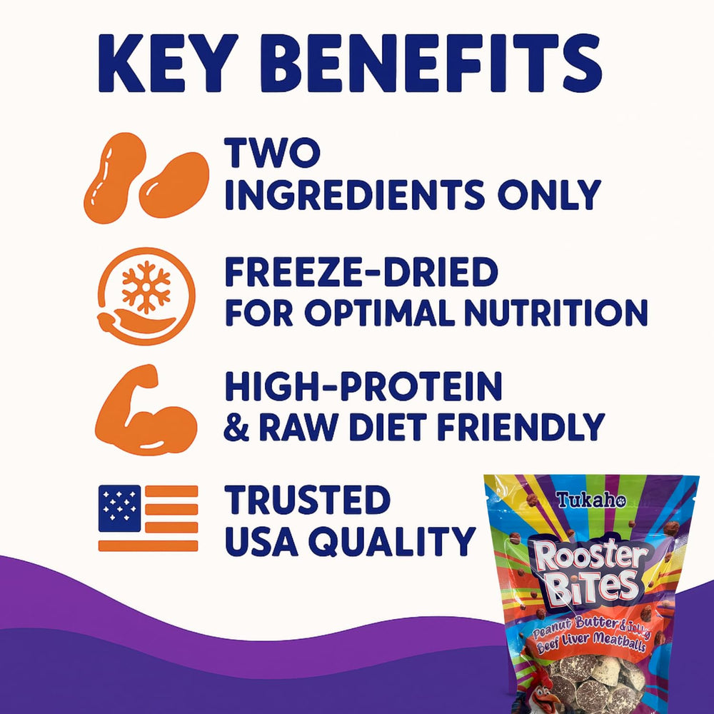 TUKAHO Rooster Bites ingredients layer shows beef liver and peanut butter for trusted, simple nutrition.