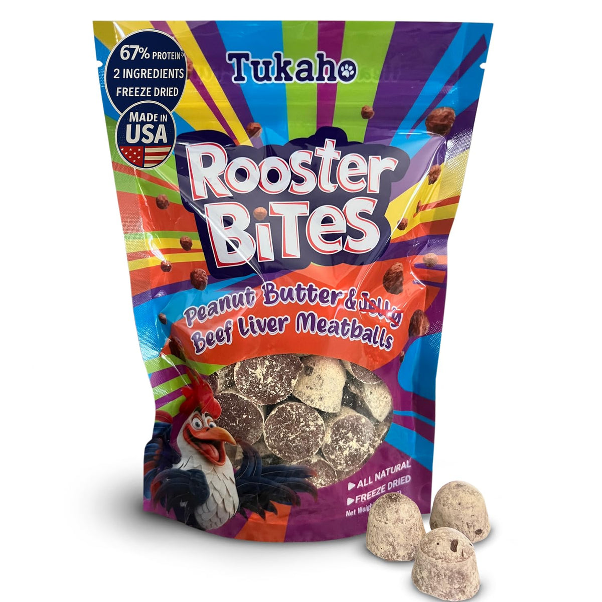 TUKAHO Rooster Bites packaging highlights two-ingredient, USA-made quality for healthy pet rewards.