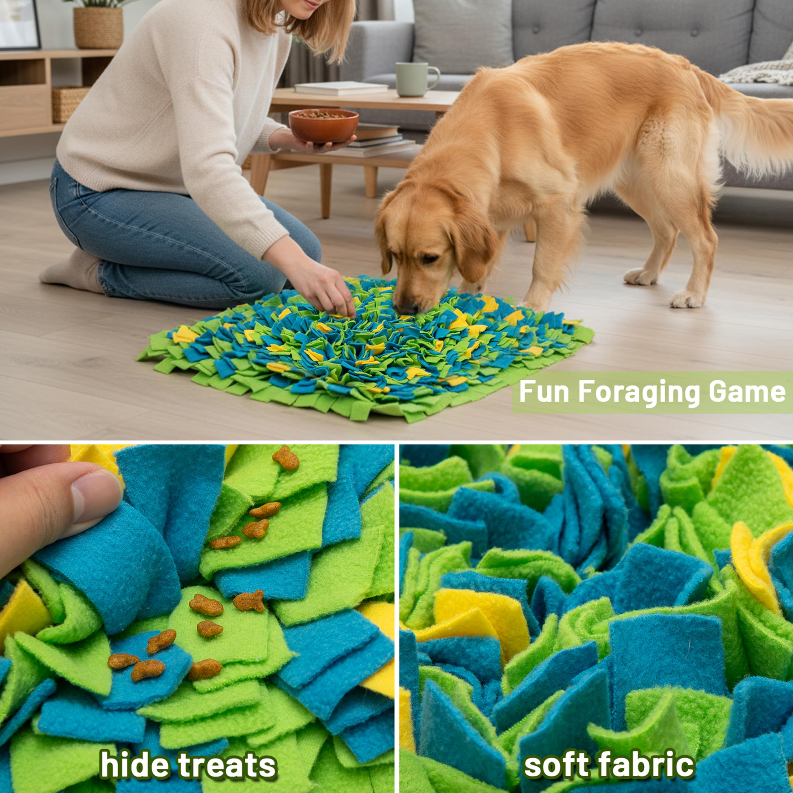 TUKOAW Snuffle Mat non-slip base keeps mat steady during energetic searches and play.