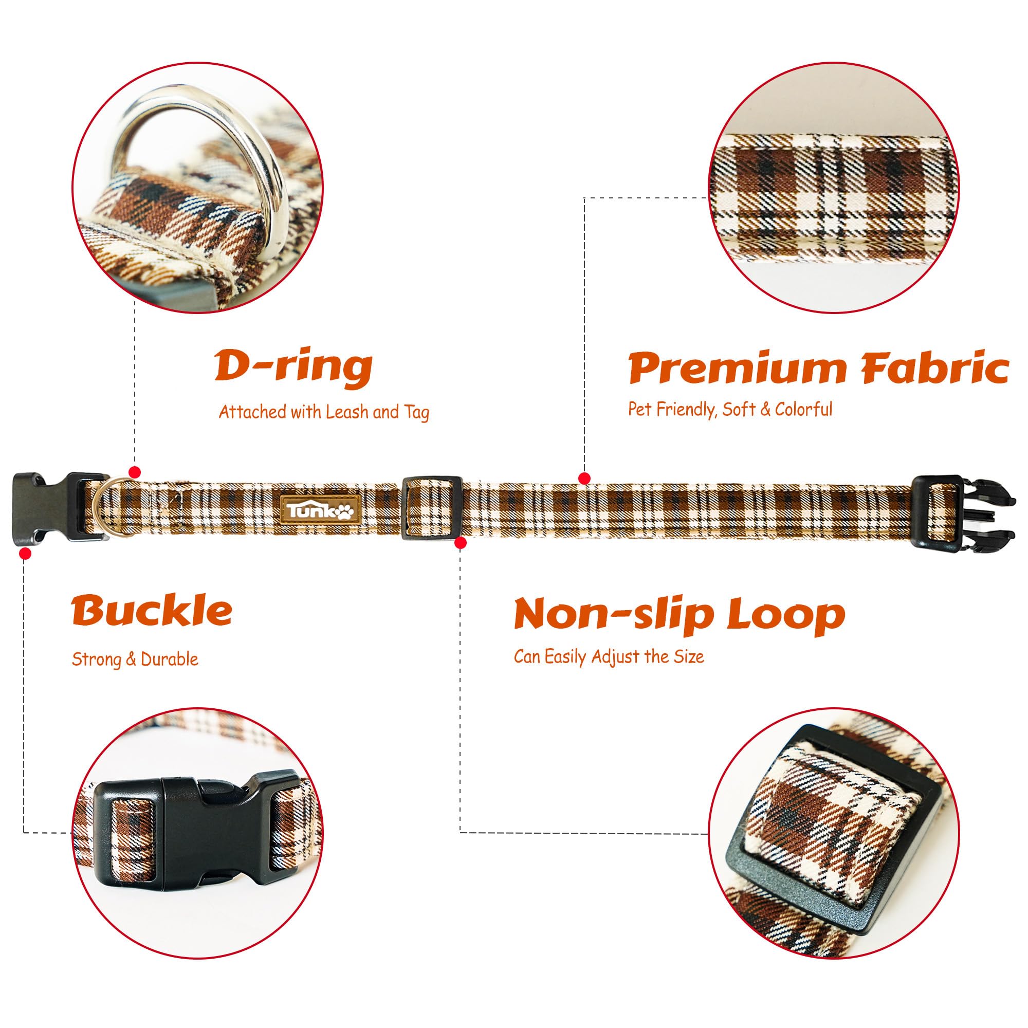 Tunkoo adjustable dog collar plaid for easy, comfortable fit.