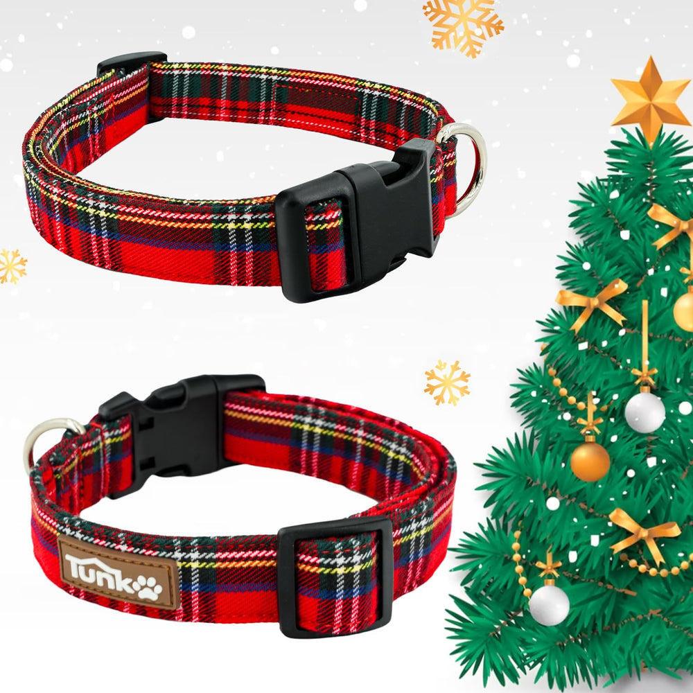 Tunkoo Christmas plaid dog collar buckle closeup emphasizes secure quick-release design.