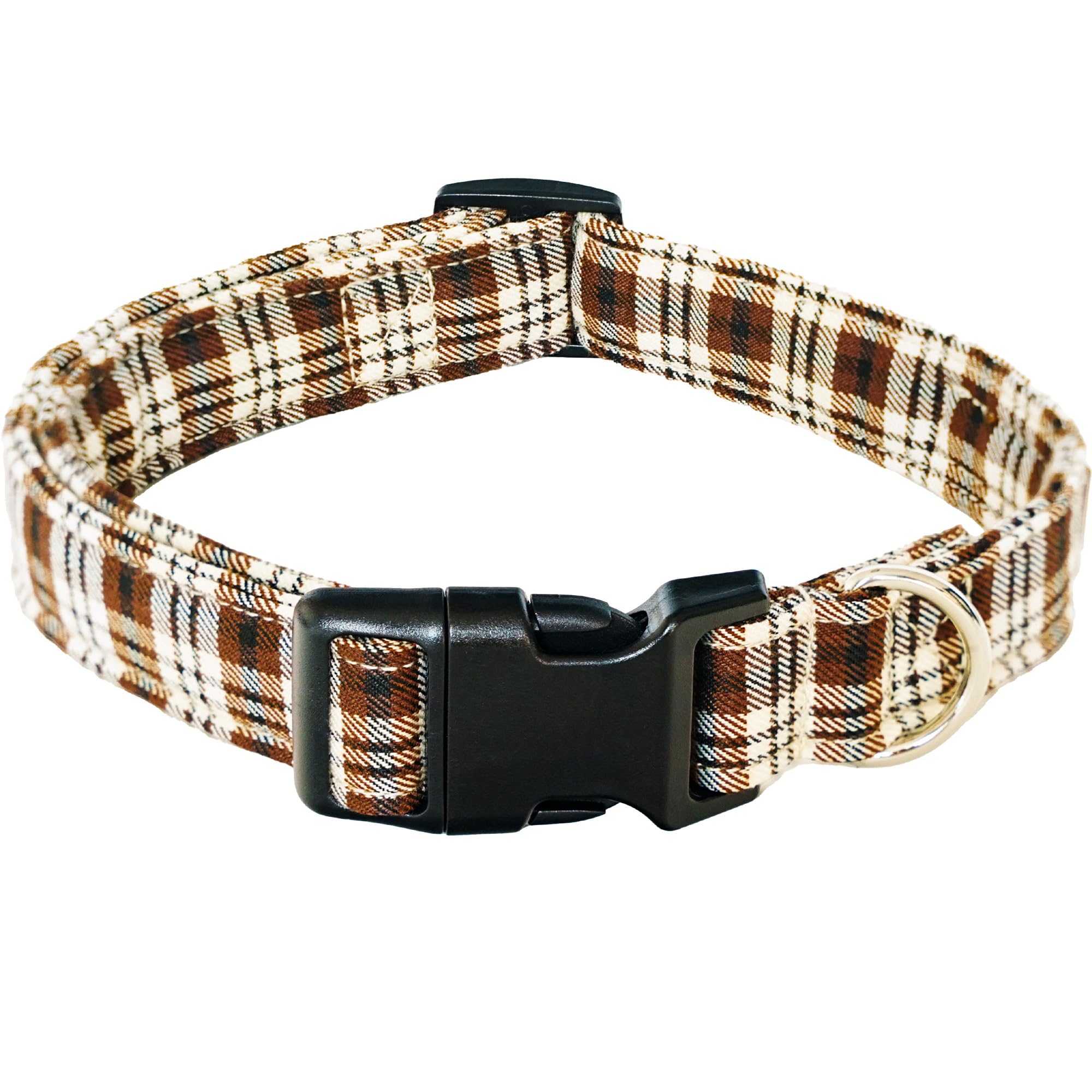 Tunkoo coffee plaid dog collar close-up for festive walks and photos.