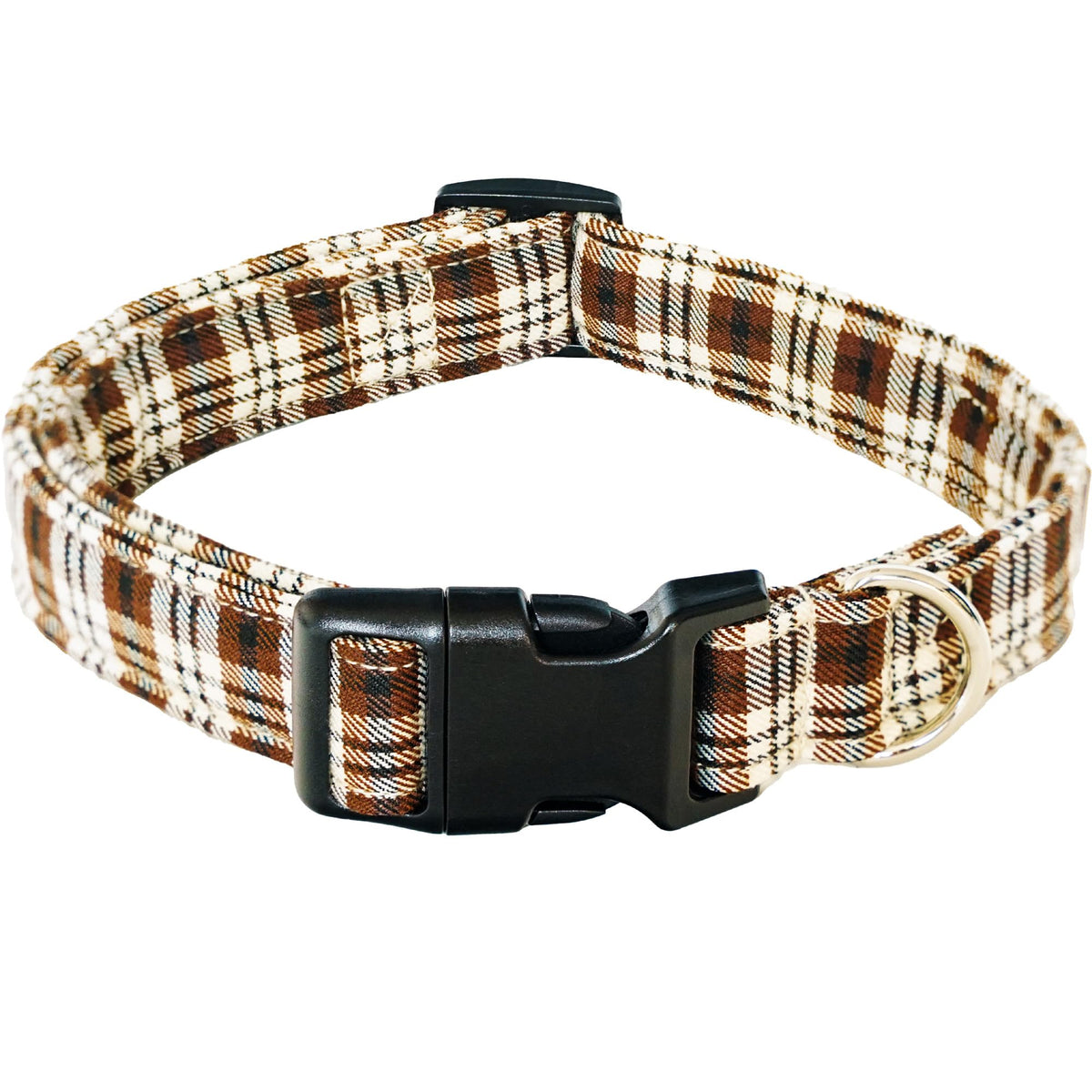 Tunkoo coffee plaid dog collar close-up for festive walks and photos.