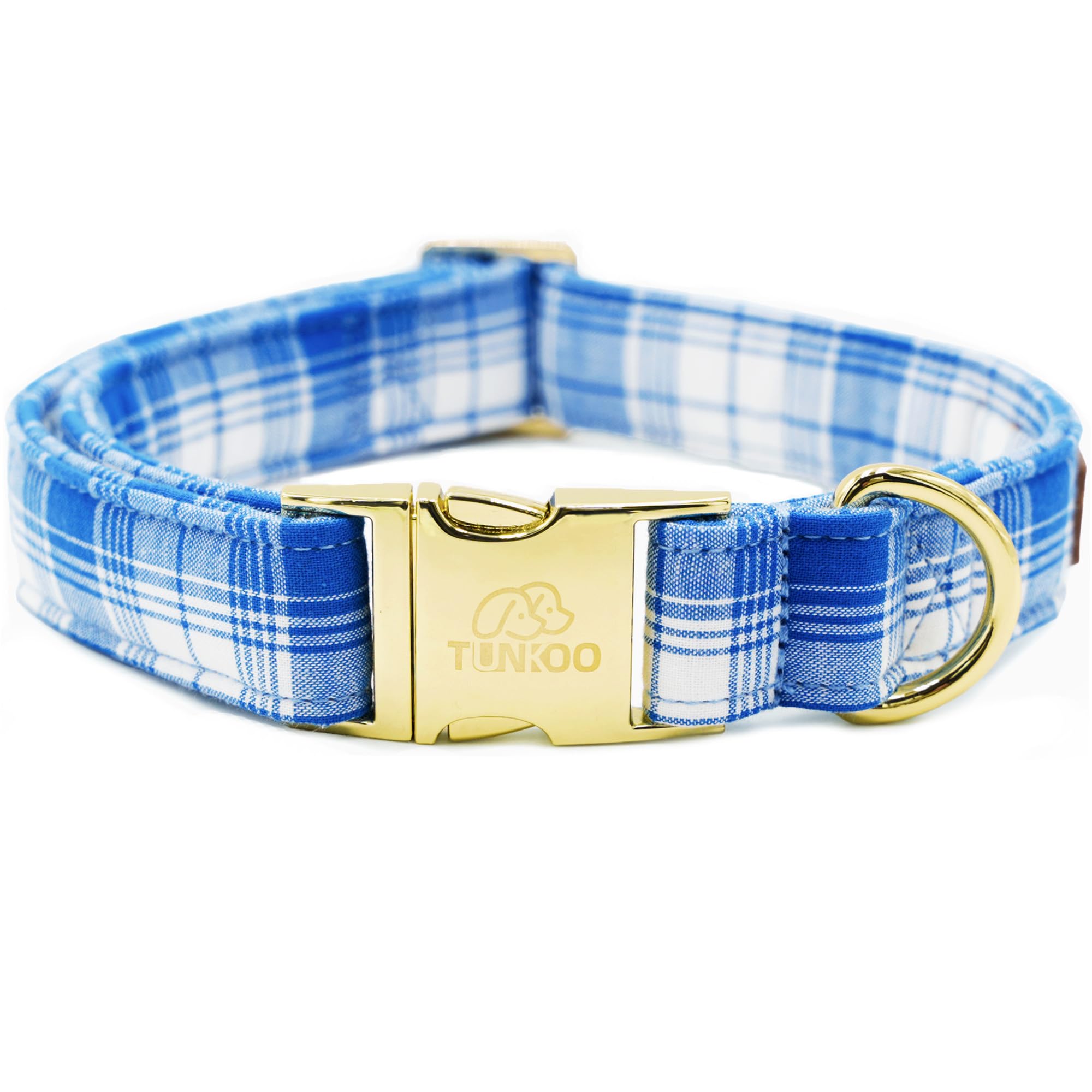 Tunkoo cotton dog collar blue plaid close-up buckle highlights sturdy hardware for daily wear