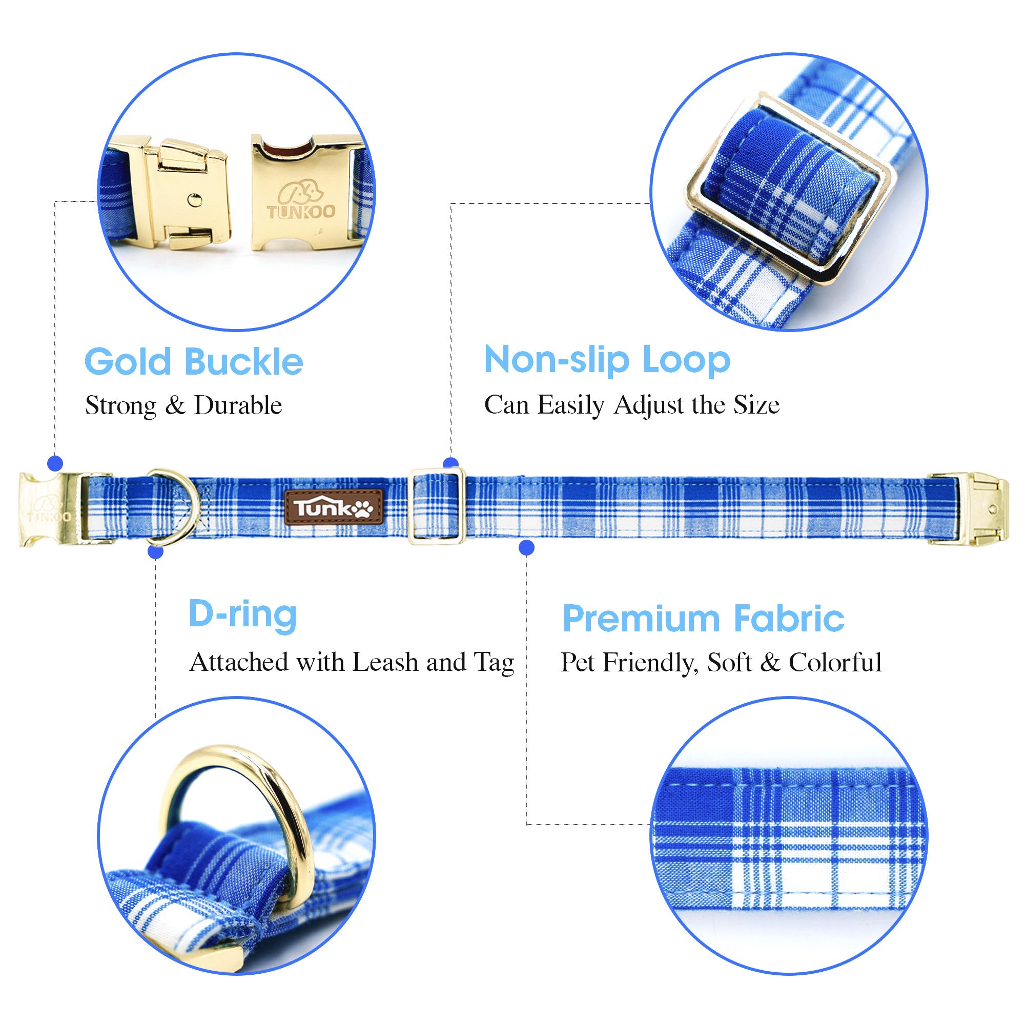 Tunkoo blue plaid collar detail emphasizes premium cotton and gold buckle