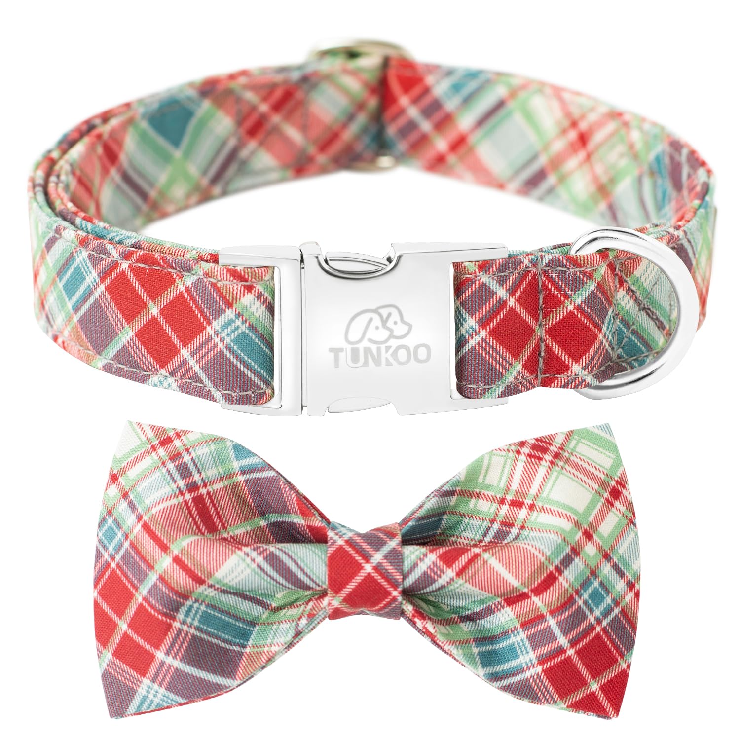 Tunkoo bow-tie dog collar in red-green plaid for festive style.