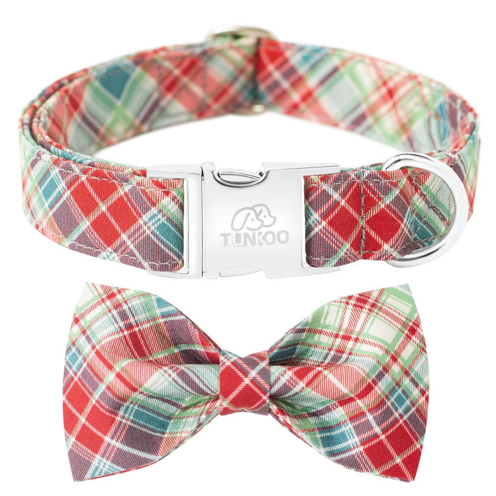Tunkoo bow-tie dog collar in red-green plaid for festive style.